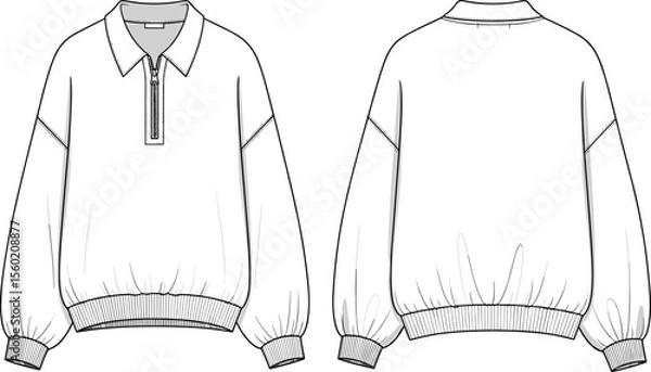 Fototapeta Quarter zip sweatshirt vector illustration, fashion cad drawing, pullover front and back view, ribbed hem cuffs collar design template