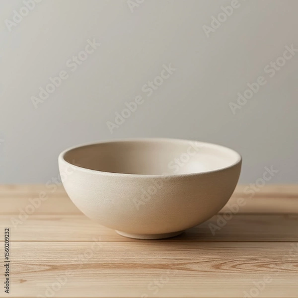 Fototapeta Empty Ceramic Bowl on Wooden Table with Neutral Background Representing Simplicity and Minimalism