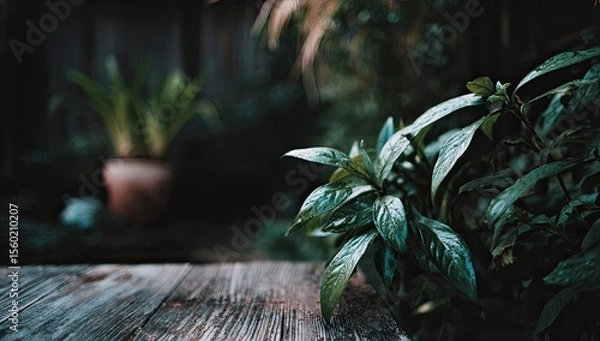 Obraz Rustic garden table with lush foliage