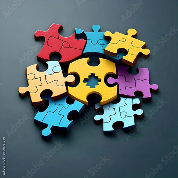 Fototapeta Several colorful interconnected puzzle pieces with one central yellow piece surrounded by red light blue and light purple pieces all arranged on a dark surface