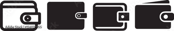 Fototapeta Collection of four minimalist wallet icons in black and white, representing finance, payment, and personal banking, ideal for digital interfaces, financial apps, and e-commerce designs

