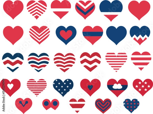 Fototapeta Diverse collection of heart icons in red, white, and blue, featuring various patterns, ideal for patriotic themes, love, romance, Valentine's Day, and national holiday designs


