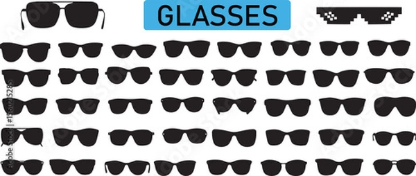 Fototapeta Diverse collection of black silhouette sunglasses and eyeglasses, showcasing various styles and designs, ideal for fashion, summer, optical, and eye care-related graphic design projects

