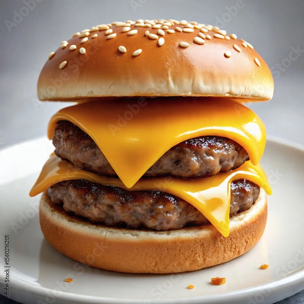 Fototapeta A mouth watering double cheeseburger with two patties and two slices of melted cheese nestled in a sesame seed bun is presented on a white plate