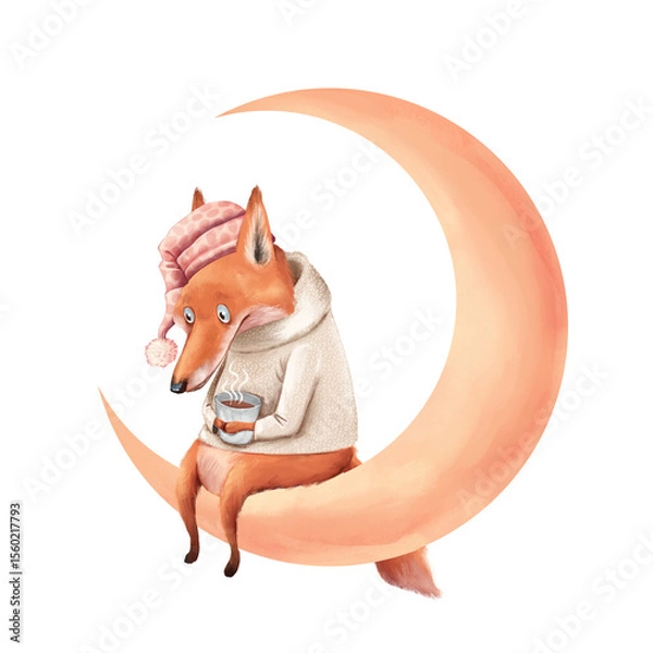 Fototapeta Cozy Fox in Nightcap on Crescent Moon Illustration