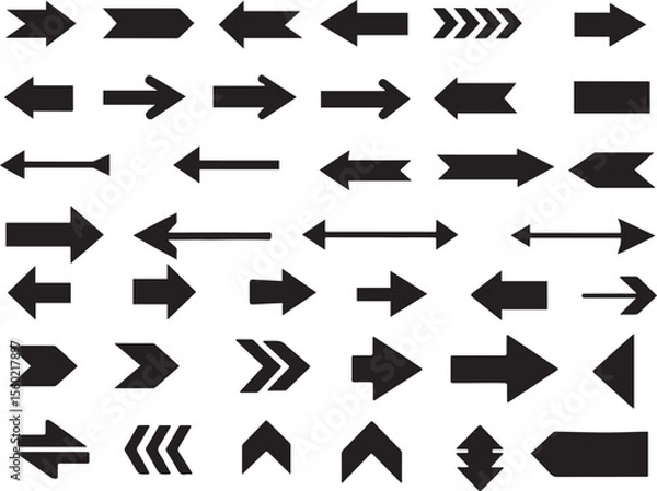 Fototapeta Extensive collection of black arrow silhouettes in various styles and directions, perfect for user interfaces, navigation, infographics, and conveying movement or progression in design

