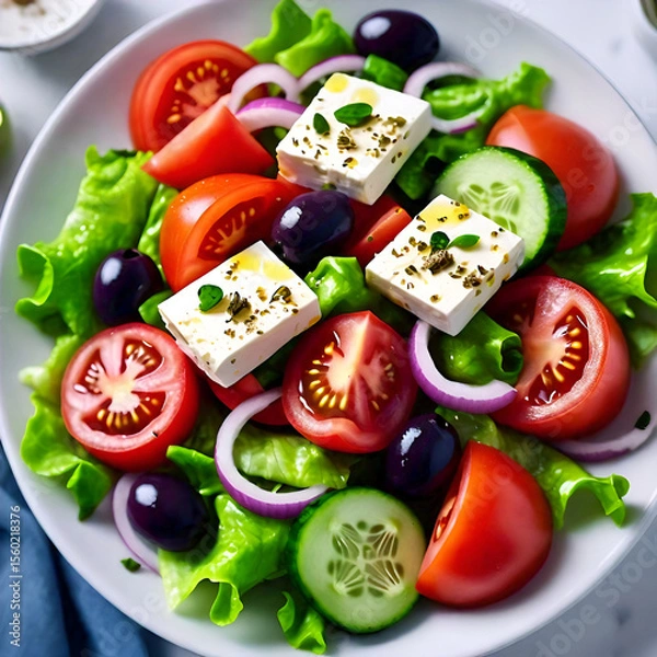Fototapeta A vibrant and fresh greek salad featuring crisp lettuce ripe tomatoes cucumber slices red onion black olives and generous cubes of feta cheese sprinkled with herbs all presented on a white plate