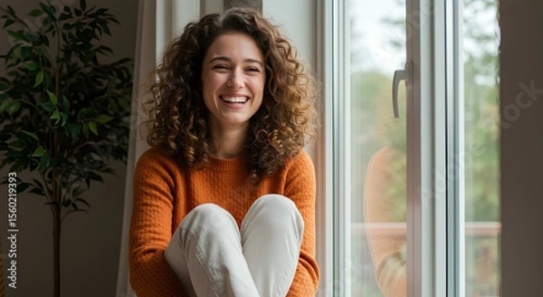 Fototapeta This is a cheerful portrait of a woman with curly hair, sitting by a window and smiling brightly.