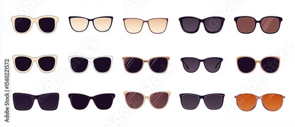 Fototapeta Fifteen realistic vector sunglasses and eyeglasses, showcasing various modern styles and frame colors, ideal for fashion, summer, optical, and eye care-related graphic design projects


