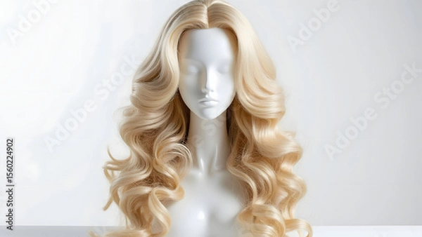 Fototapeta Voluminous bouncy blonde wig styled with soft curls on mannequin head, showcasing elegant and shiny hair texture in bright setting