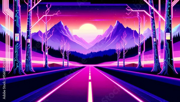 Fototapeta A-digital-artwork-depicting-a-retro-futuristic-night-landscape,-reminiscent-of-80s-and-90s-nostalgia,-with-a-warm,-vibrant-color-palette-evoking-a-sense-of-sunset-hues,-set-against