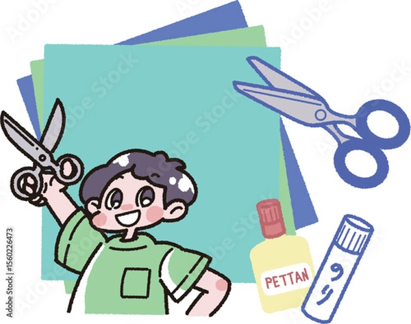 Fototapeta 紙工作の道具とハサミを持った男の子のイラスト