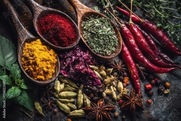 Obraz Colorful spices in wooden spoons