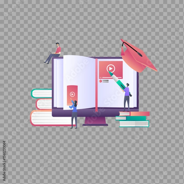 Fototapeta E-Learning Concept with Digital Book and Students – Online Education Vector on Transparent Background

