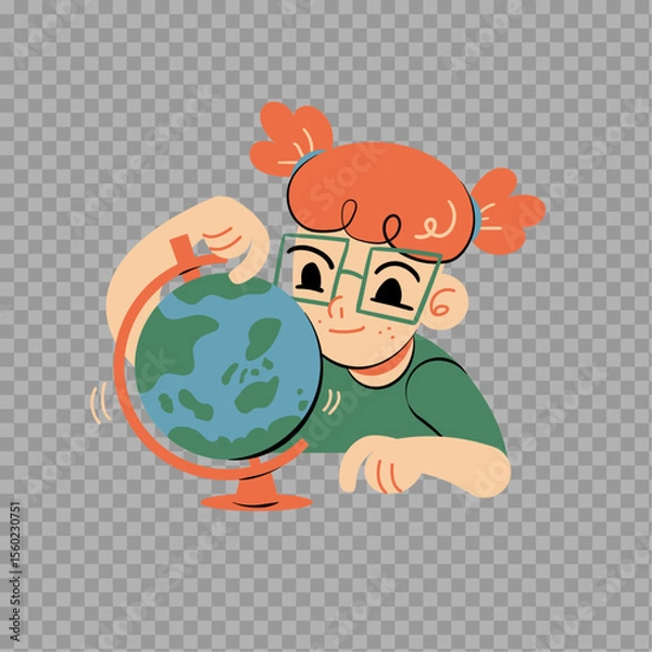 Fototapeta Curious Kid Exploring Globe – Geography and Education Illustration

