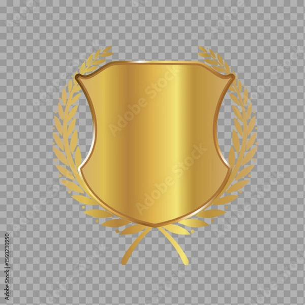 Fototapeta Golden Shield Emblem with Laurel Wreath – Prestige Security or Award Symbol on Transparent Background

