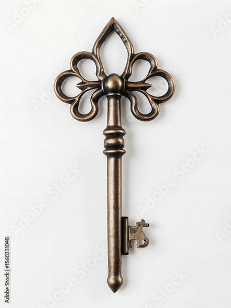 Obraz Photorealistic close-up of a single antique skeleton key, intricate details of the key bit and bow, subtle metallic sheen, casting a soft shadow on a pristine white background, studio lighting.