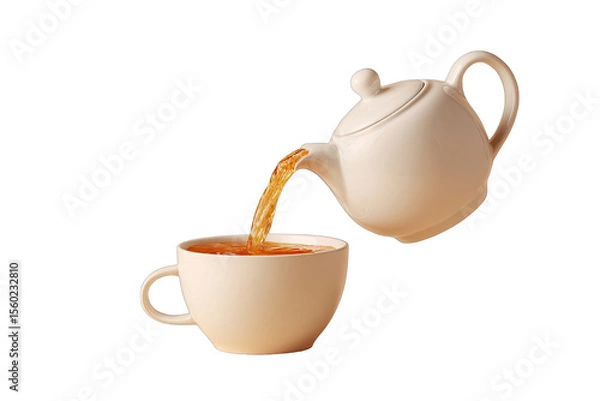 Obraz Cream-colored teapot pouring steaming tea into a matching cup