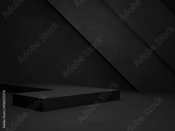Fototapeta 3D dark concrete background. Black geometric cement room