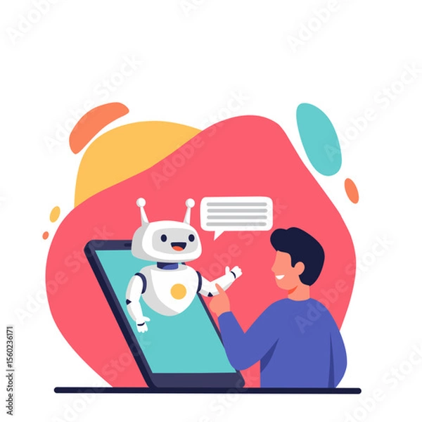 Fototapeta Friendly robot chatting with a smiling man through a smartphone screen. Concept of AI assistant, chatbot interaction, or virtual communication in flat vector style