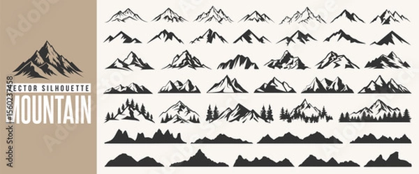 Obraz Set of mountain silhouette, hiking hill peak symbol, forest nature landscape and camping logo with christmas tree. Mountain silhouette pattern, background, icon or line art for summer travel business.
