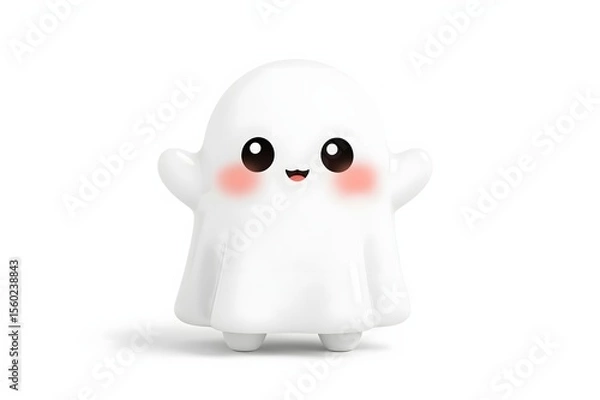 Fototapeta Cute ghost Halloween character, white background, 3D render, festive
