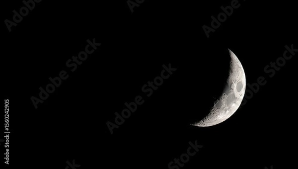Fototapeta Moon, crescent, astronomy: A luminous thin crescent moon glows brightly against the deep black sky, revealing intricate craters, mountains, and maria in high-resolution detail, highlighted by Earthshi