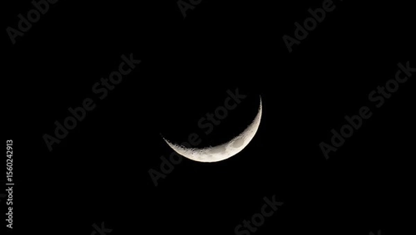 Fototapeta Moon, crescent, astronomy: A luminous thin crescent moon glows brightly against the deep black sky, revealing intricate craters, mountains, and maria in high-resolution detail, highlighted by Earthshi