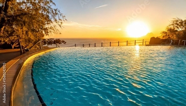Fototapeta Water reflects the warm yellow sunset sky beside a peaceful swimming pool, evoking a calm vacation atmosphere, perfect for relaxation, unwinding, and enjoying tranquil moments in a serene environment.