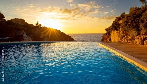 Fototapeta Water reflects the warm yellow sunset sky beside a peaceful swimming pool, evoking a calm vacation atmosphere, perfect for relaxation, unwinding, and enjoying tranquil moments in a serene environment.