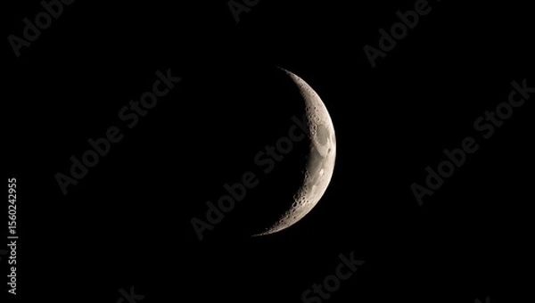 Fototapeta Moon, crescent, astronomy: A luminous thin crescent moon glows brightly against the deep black sky, revealing intricate craters, mountains, and maria in high-resolution detail, highlighted by Earthshi
