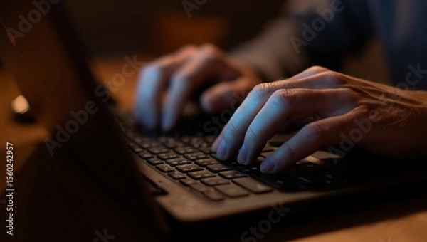 Fototapeta Hands, keyboard, laptop, light, shadows — a dramatic macro shot capturing the precise motion of two fingers typing under glowing white backlight and soft rim lighting in a moody, dim home workspace.

