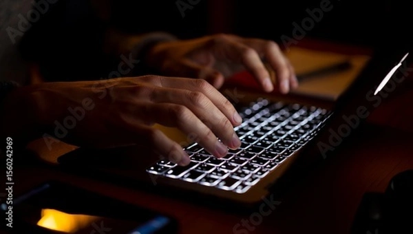 Fototapeta Hands, keyboard, laptop, light, shadows — a dramatic macro shot capturing the precise motion of two fingers typing under glowing white backlight and soft rim lighting in a moody, dim home workspace.

