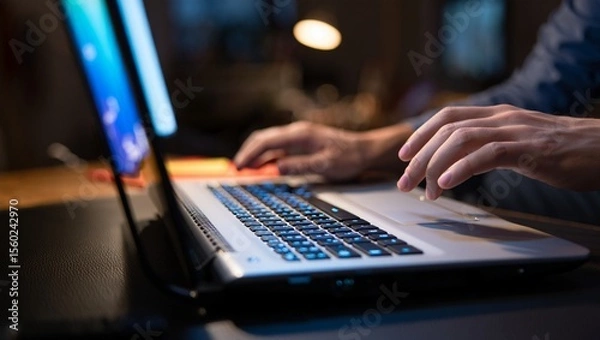 Fototapeta Hands, keyboard, laptop, light, shadows — a dramatic macro shot capturing the precise motion of two fingers typing under glowing white backlight and soft rim lighting in a moody, dim home workspace.

