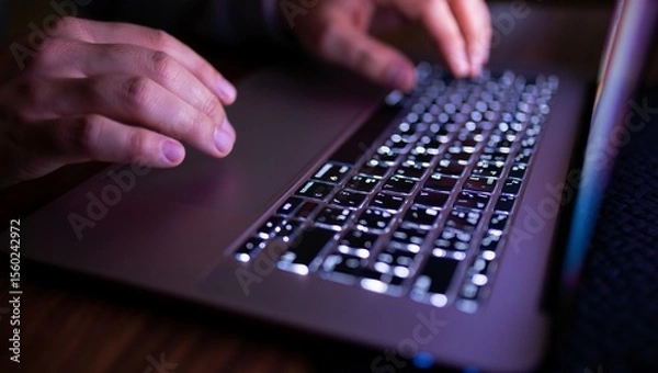 Fototapeta Hands, keyboard, laptop, light, shadows — a dramatic macro shot capturing the precise motion of two fingers typing under glowing white backlight and soft rim lighting in a moody, dim home workspace.

