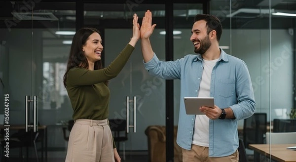 Fototapeta This image shows two colleagues, a woman and a man, happily giving each other a high-five in an office setting.