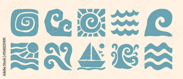 Fototapeta Boho Sea Waves Icons in Naive Art Style. Vector Abstract Square Tropical Illustrations in Freehand for Logo, Patterns, T-Shirt Print, Stickers, Social Media Post and Stories