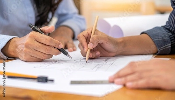Fototapeta Architects at work, collaborating on a building plan with pencils and blueprints