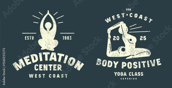 Fototapeta Body positive meditation class emblem. Graphic design with typographic and silhouettes of girl in asana. Blue print with rough texture on white background