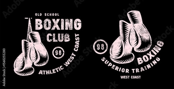 Fototapeta Boxing club emblem for t-shirt. Graphic design with rough texture. Blue print on pink background
