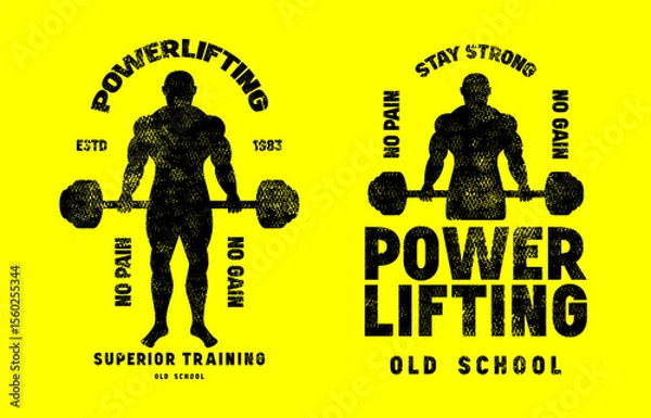 Fototapeta Emblem with powerlifter silhouette. Gym, workout, bodybuilding and athletic  theme. Graphic design with rough texture for t-shirt. Blue print on dark background