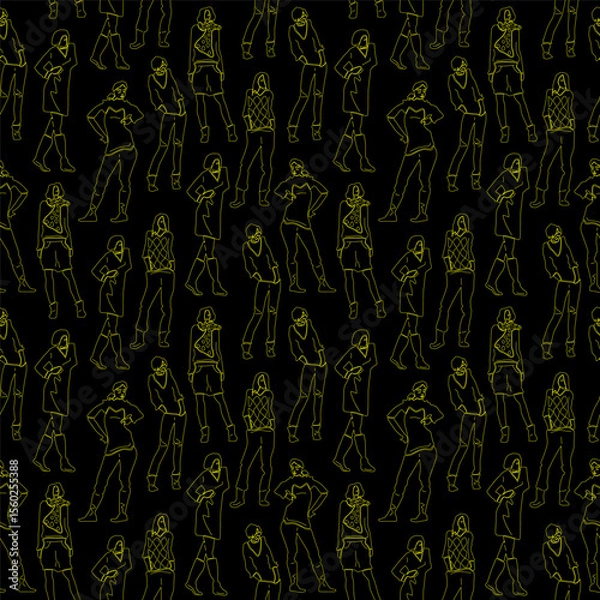Fototapeta Seamless pattern with girls standing in different poses. Hand-drawn graphics in thin line stile. Isolated on black background