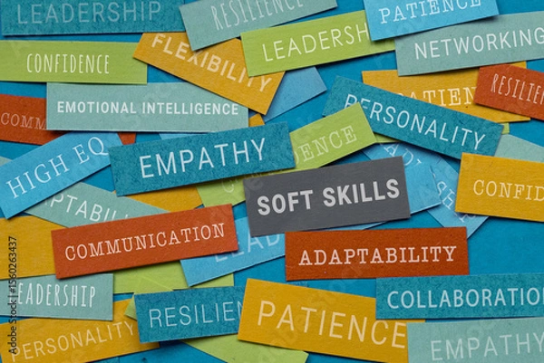 Fototapeta Soft skills concept with words written on papers -  empathy, personality, confidence, adaptability,  collaboration, patience, communication