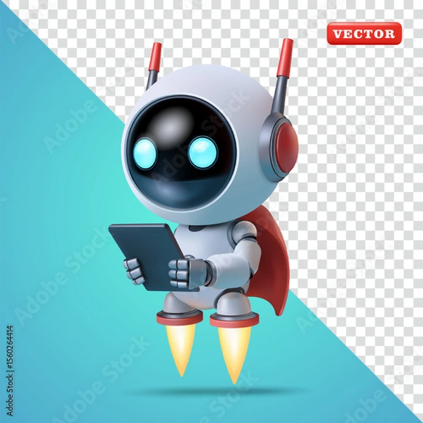 Fototapeta Cute flying robot using tablet, 3d vector. Suitable for technology and business
