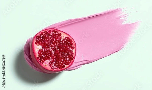 Obraz Red pomegranate half on a pastel pink paint smear on a soft mint background. Healthy, organic fruit ingredients copy space backdrop.