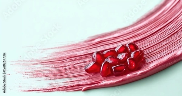 Obraz Red pomegranate seeds arranged on a vibrant, textured pink paste smear on a soft mint background. Healthy, organic fruit ingredients copy space backdrop.