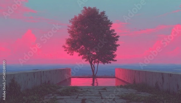 Obraz Lonely tree at sunset, surreal scene