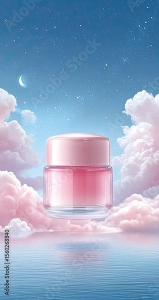 Obraz Pink cosmetic jar afloat on pastel clouds over water at night