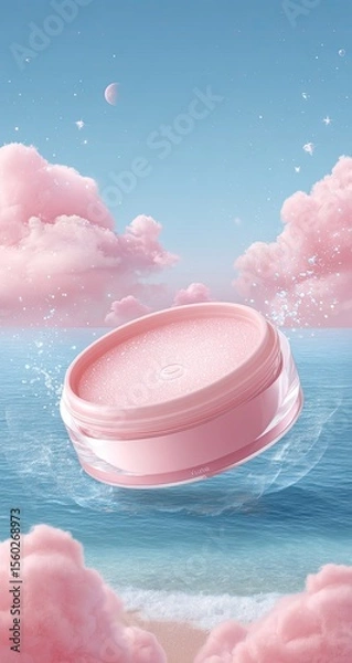 Obraz Pink cosmetic product floating over water, pastel clouds