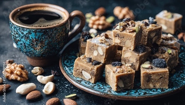 Obraz Sweet squares and coffee on a plate